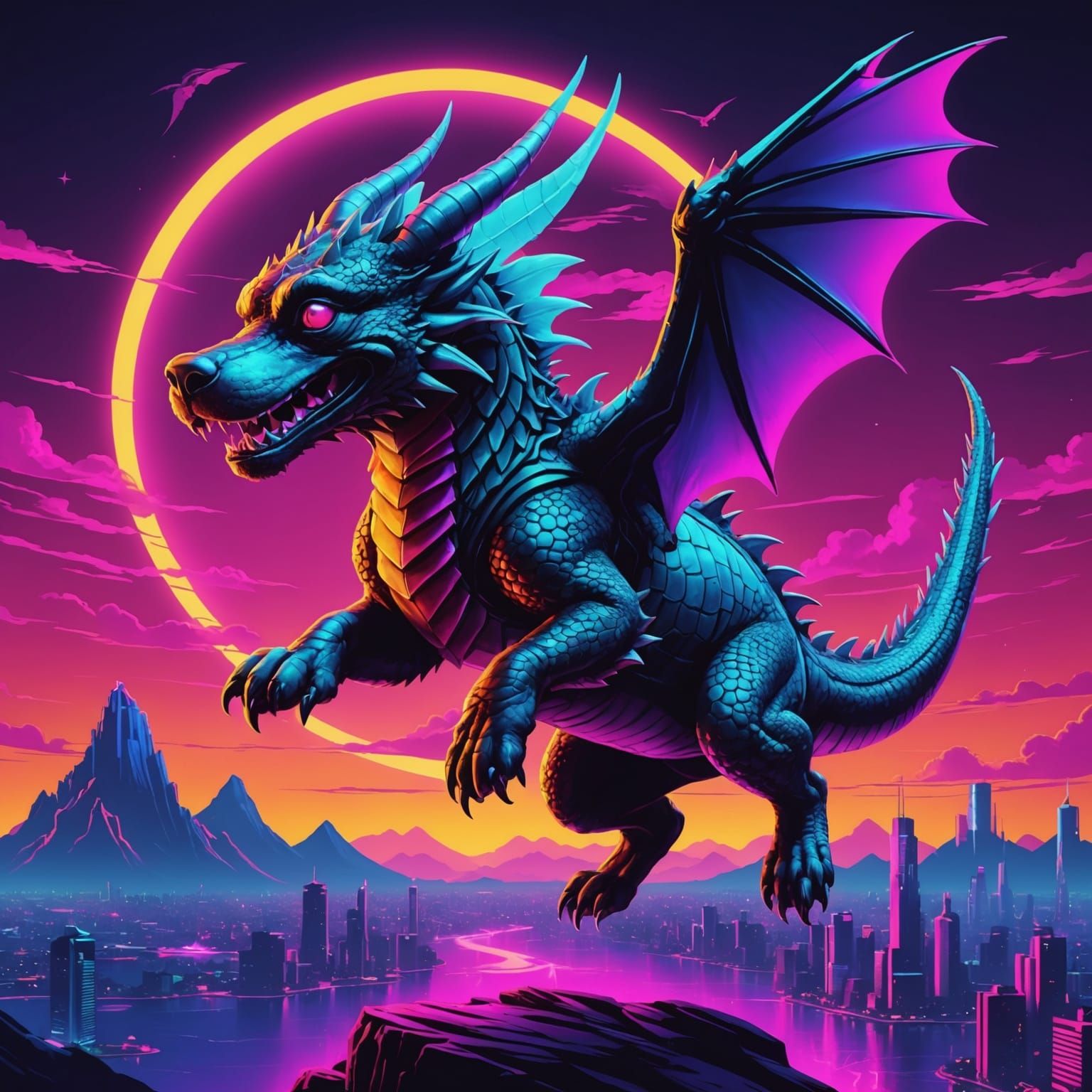 Puppy and Dragon Flight in Synthwave Neon Style