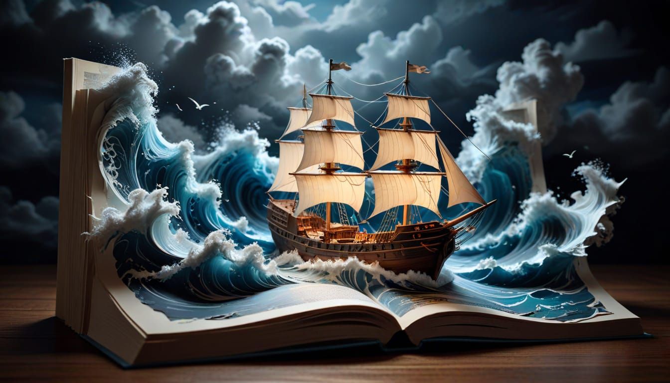 Paper Cut Sailing Ship Emerging From Book Diorama