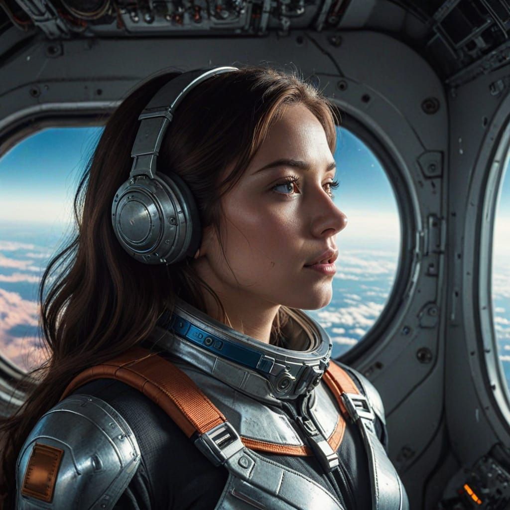 Woman in Spacesuit Watching Earth Recede: Digital Art
