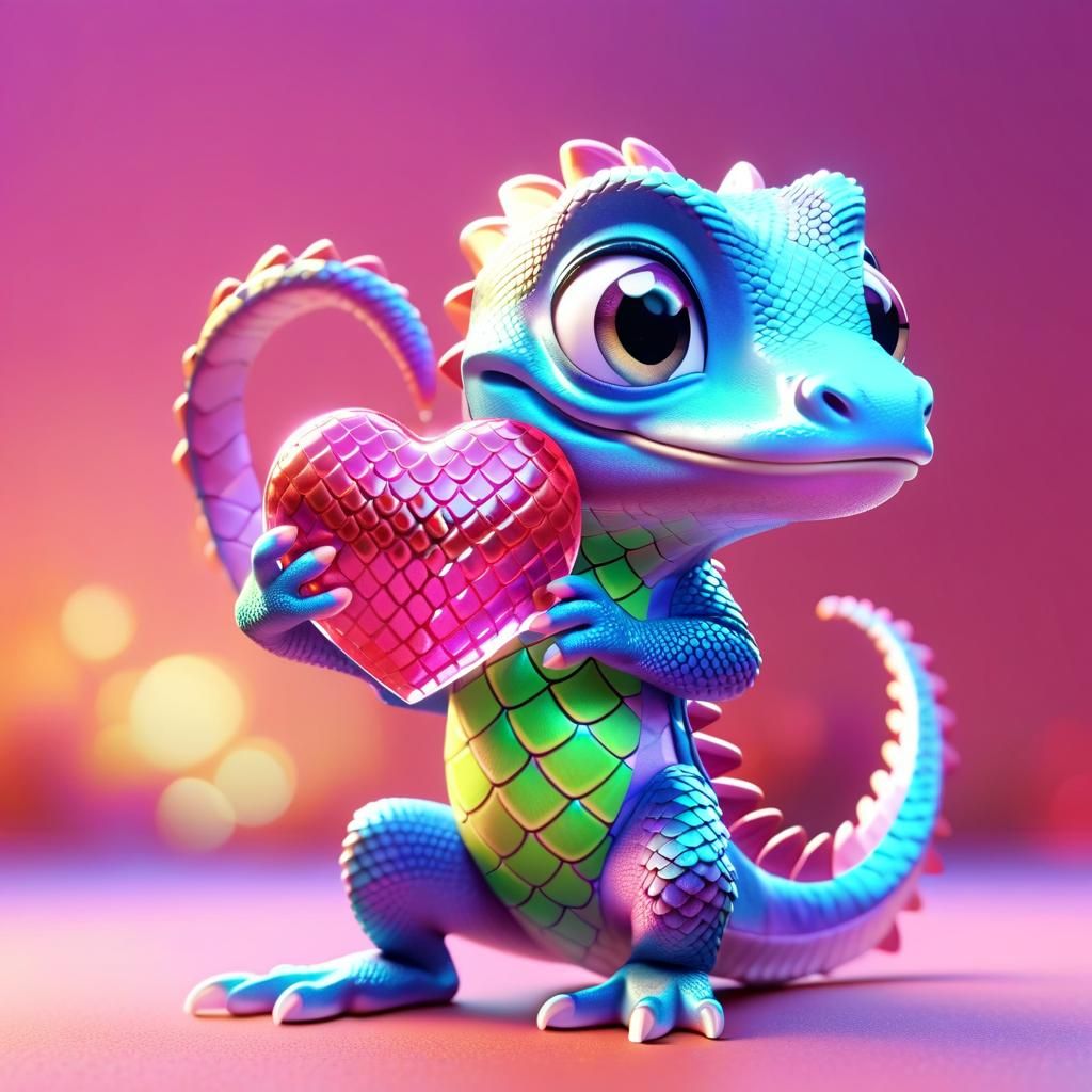 Pixar-Style Pink Gecko Holding a Love Heart