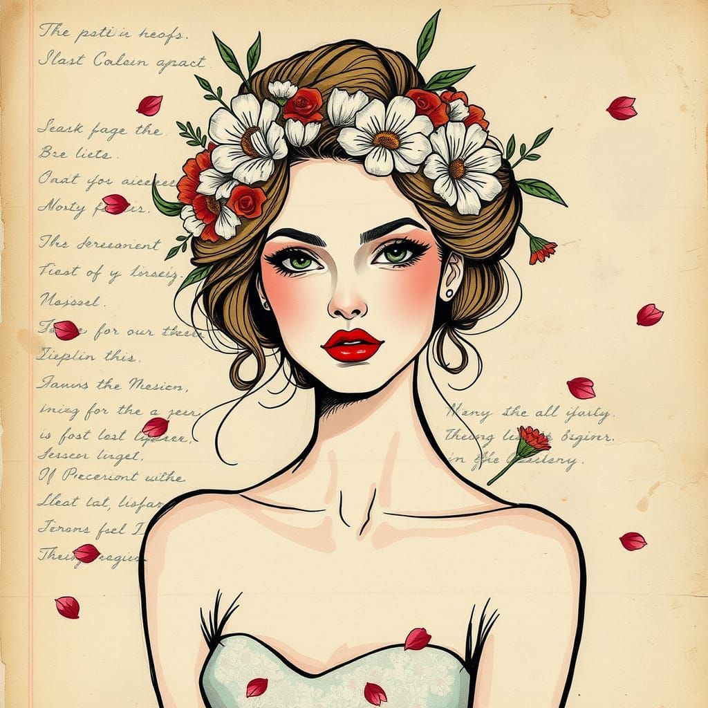 Floral Hair Portrait on Vintage Paper Collage