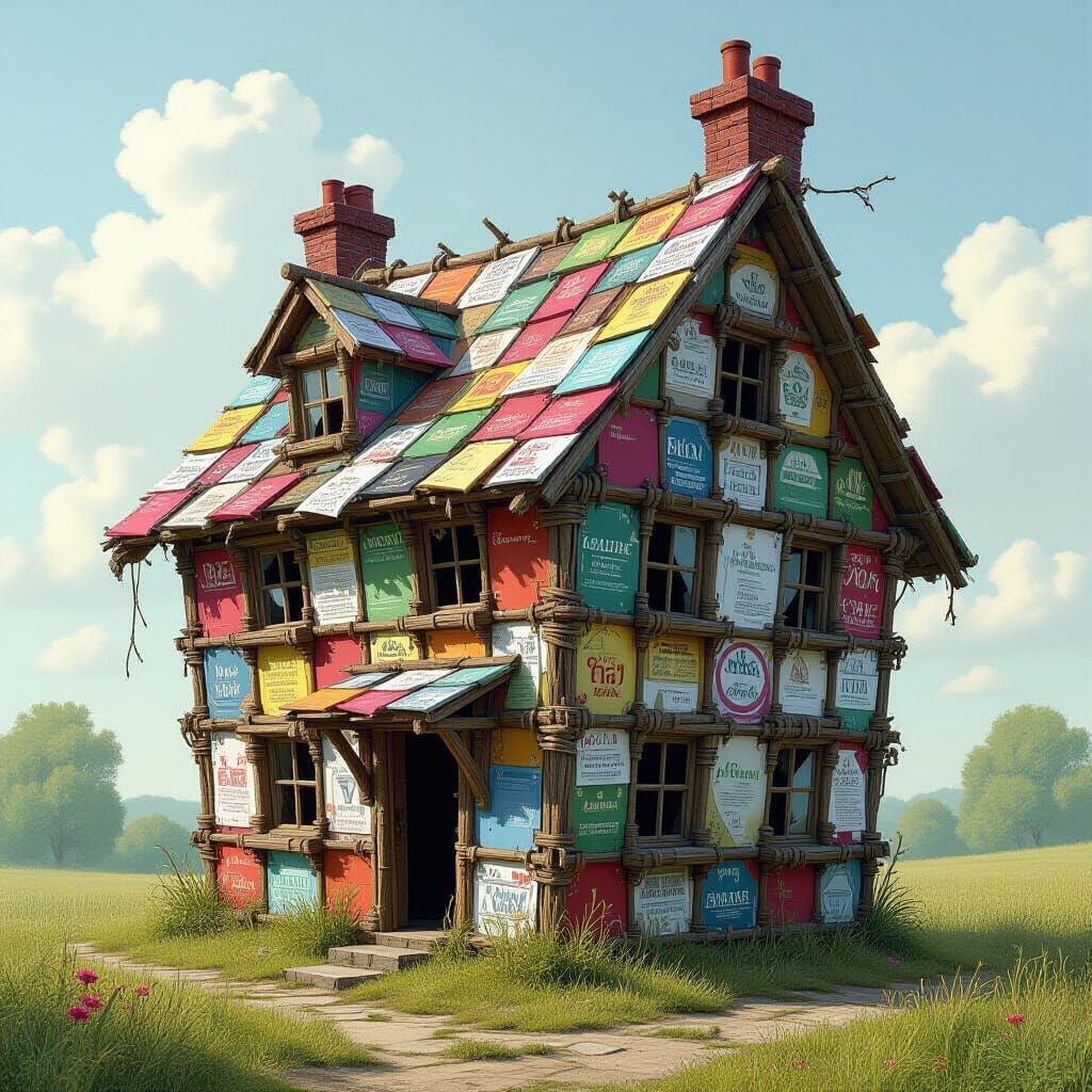 Surreal Dilapidated House Constructed from Tangled String