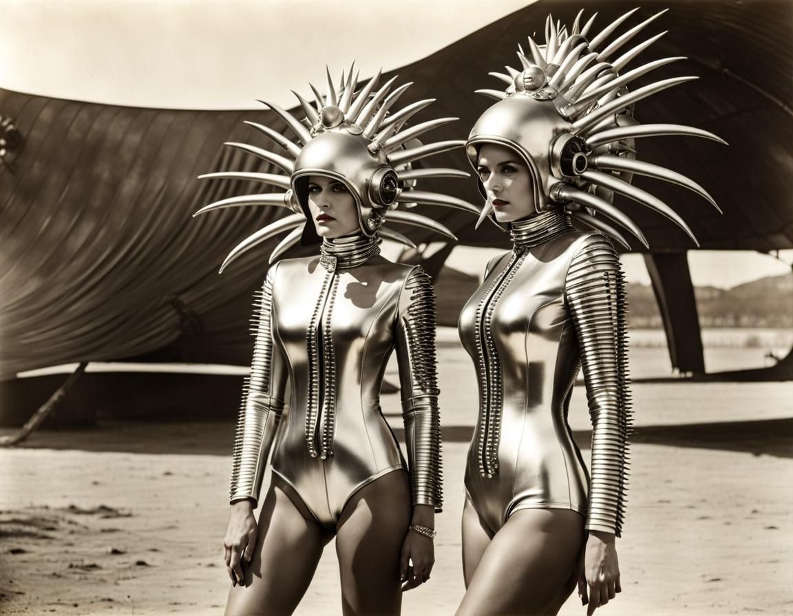 Female Androids Presenting Futuristic Device in Retrofuturis...