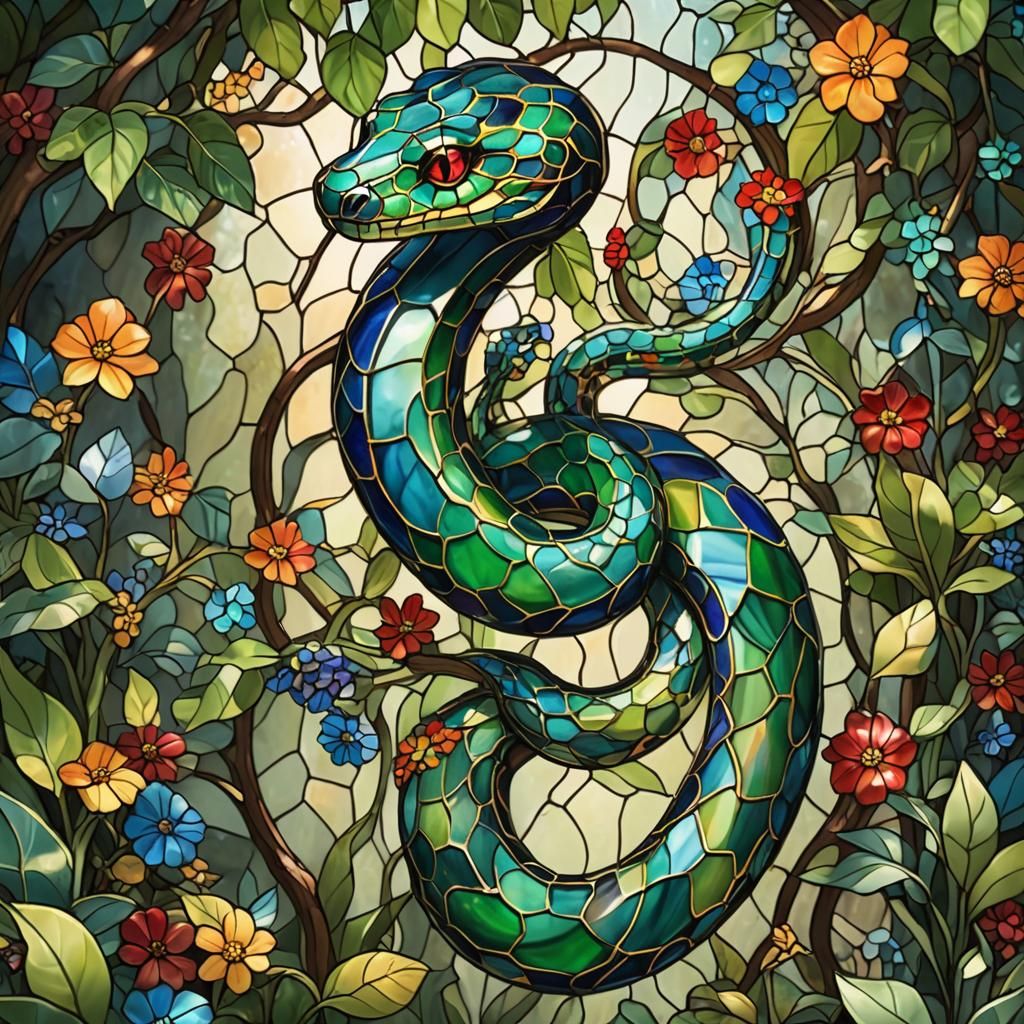 Radiant Stained Glass Snake in Magical Garden