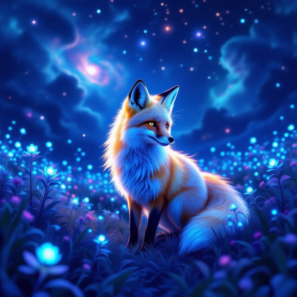 Bioluminescent Fox in Cosmic Alien Flora
