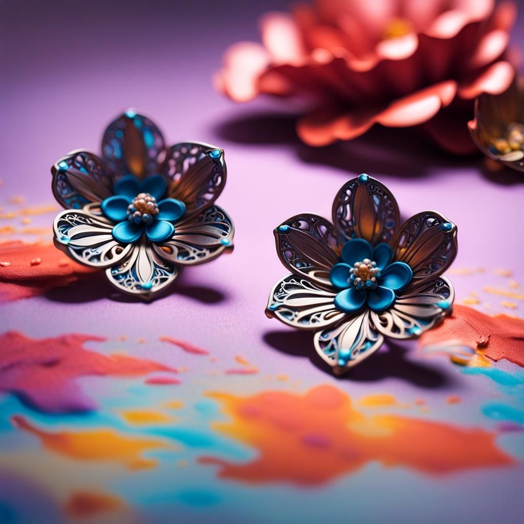 Intricate Titanium Flower Earrings in Splash Art Style