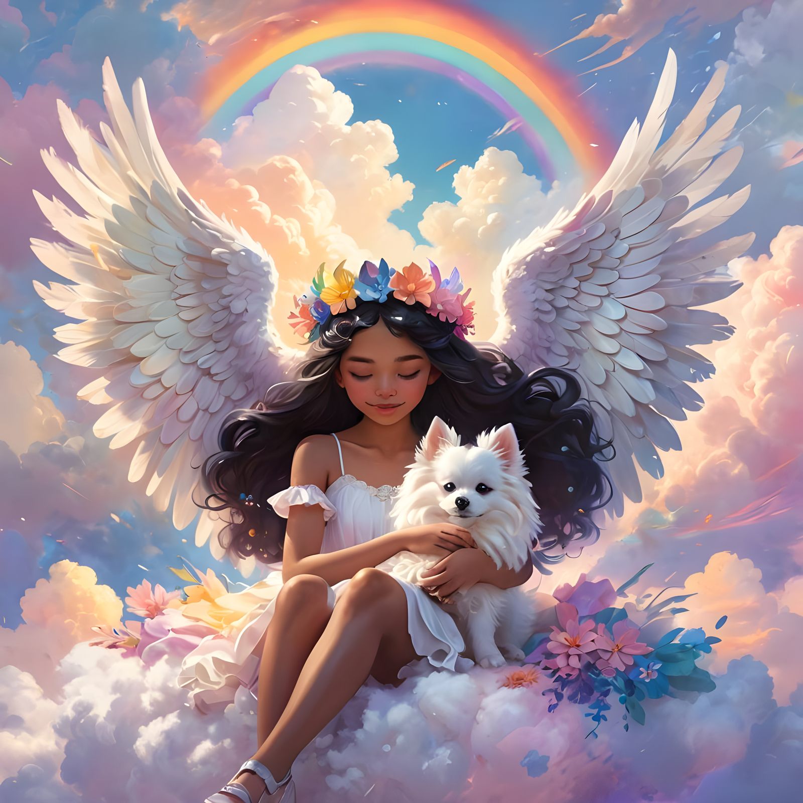 Dreamy Angel Girl with Dog in Fantasy Sky