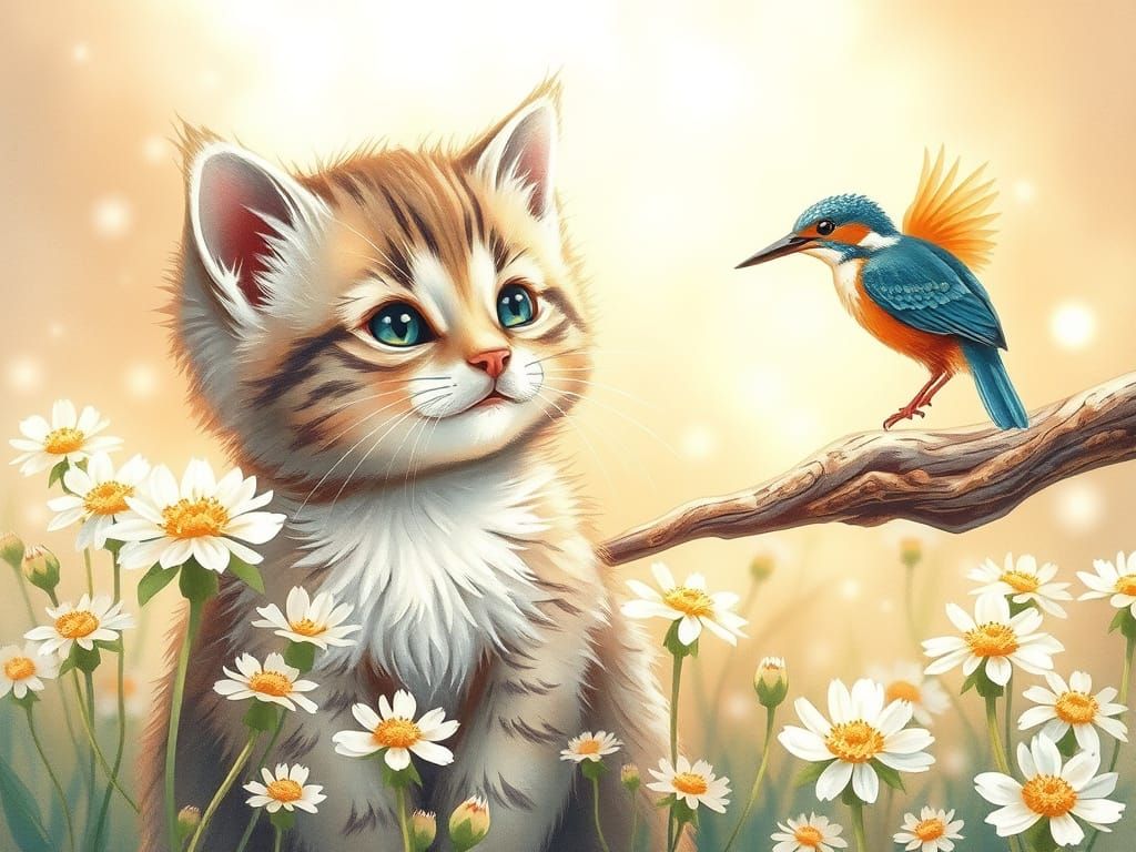 Kitten Watching Kingfisher in Fairytale Illustration Style