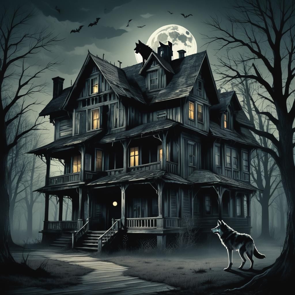 Wolf and Horror House in Gothic Digital Art