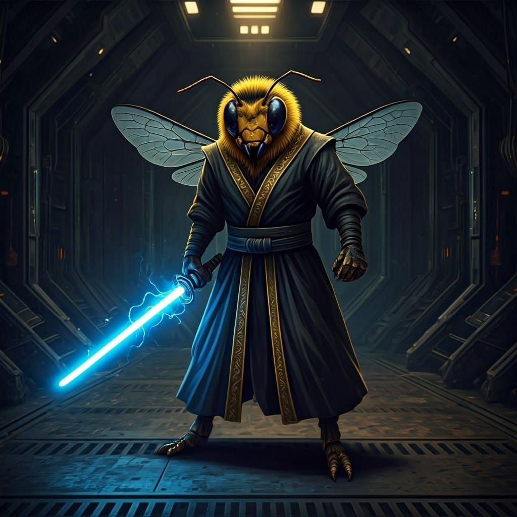 Cyberpunk Bee Warrior in Gritty Sci-Fi Space Station
