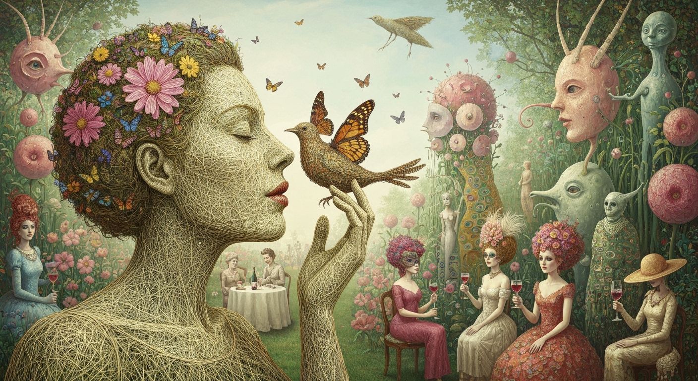 String Woman Kissing Butterfly Bird in Garden