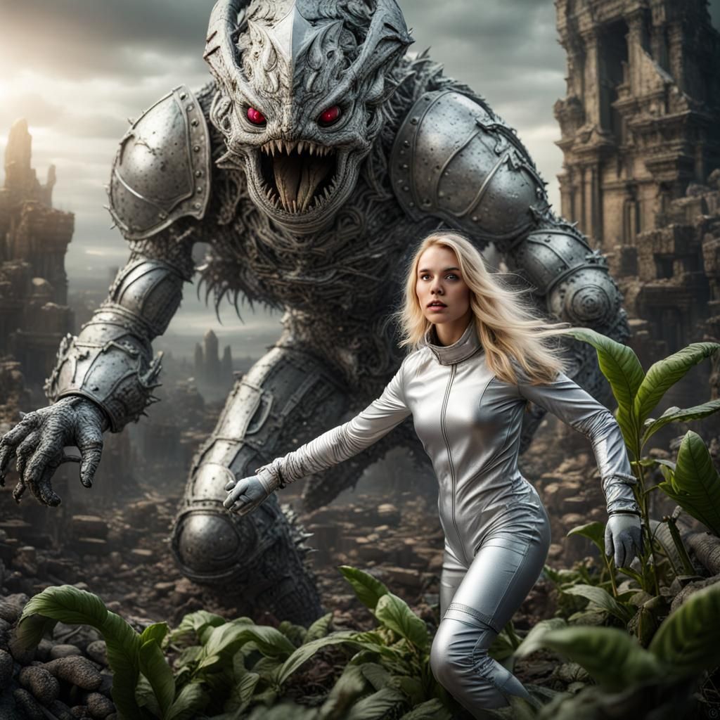 Blonde in Spacesuit Fighting Plant Monster