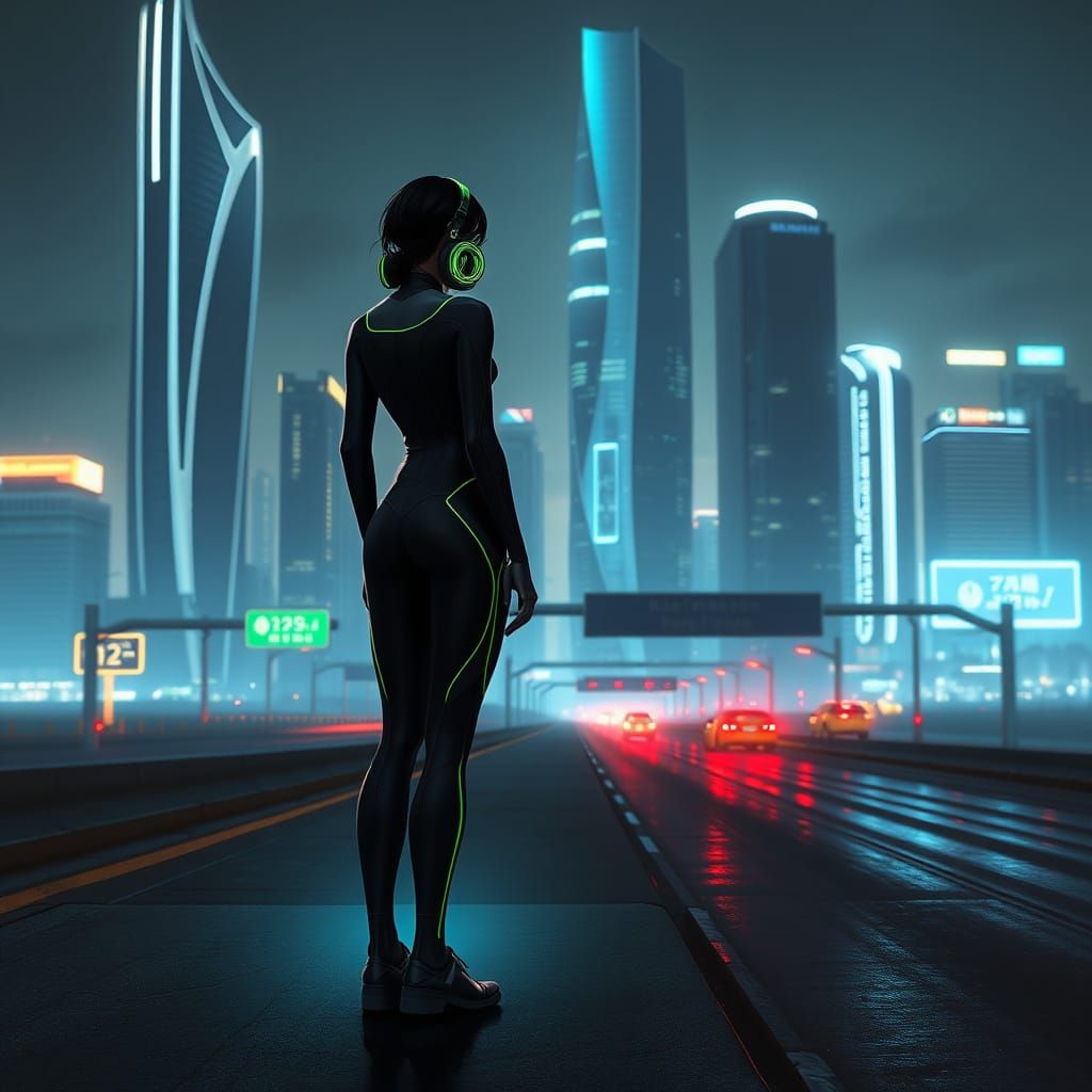 Futuristic Cityscape with Melancholic Figure