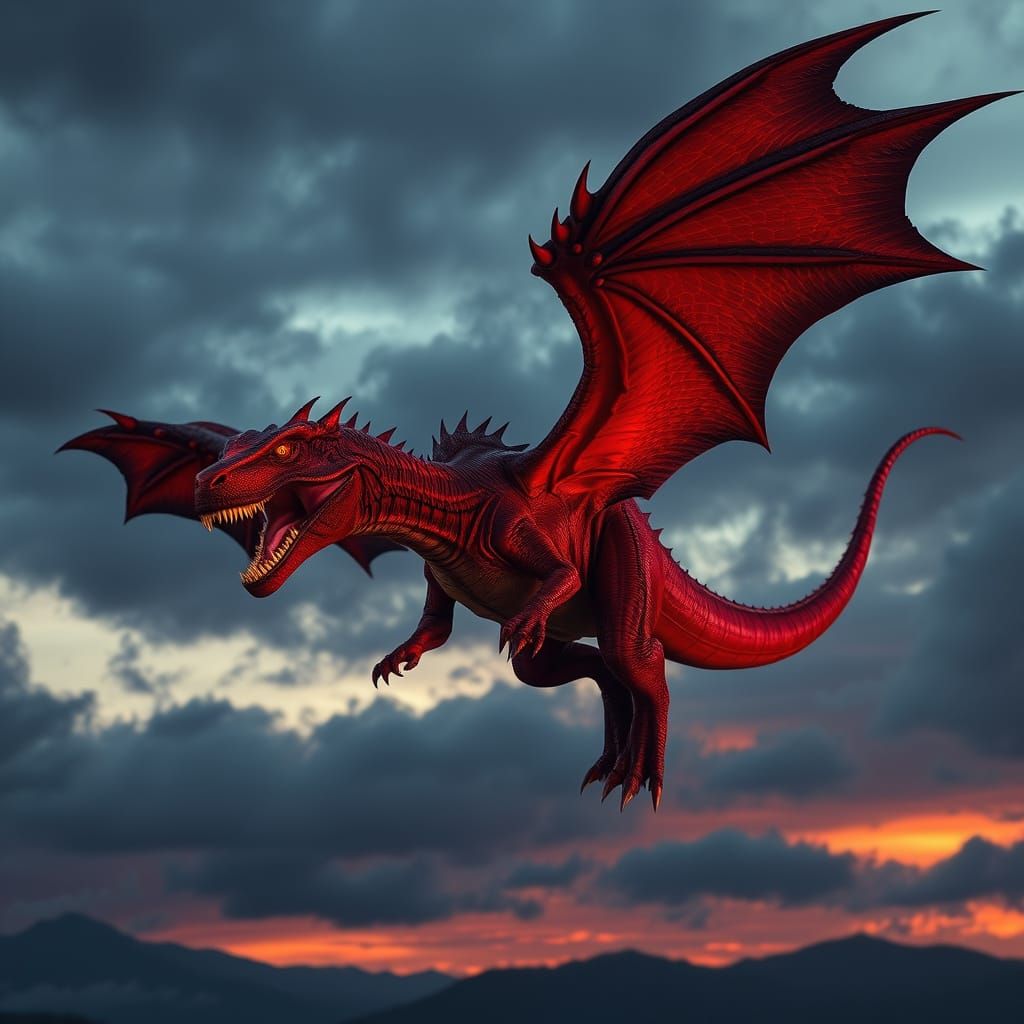 Red Winged Dinosaur Soaring Through Stormy Dusk