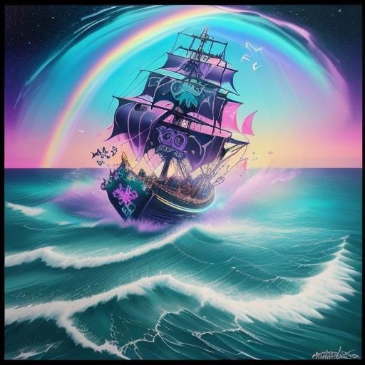 Illuminated Pirate Kitty with Rainbow Turtles in Graffiti Ar...