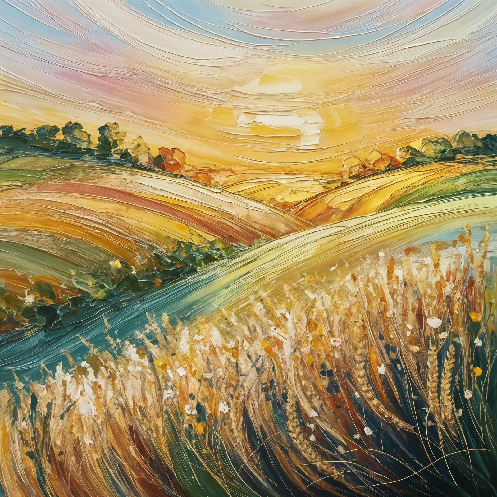 Impressionistic Golden Hour Landscape Painting