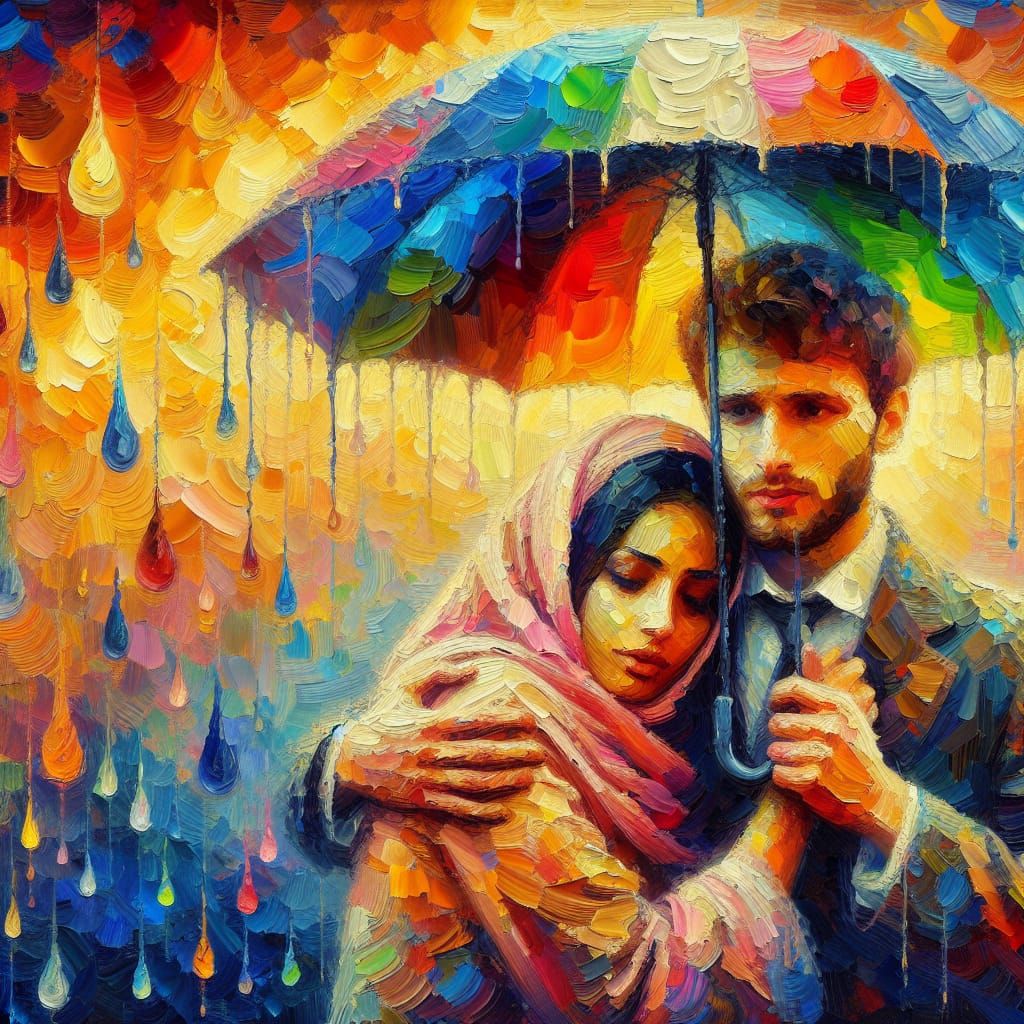 Couple in Colorful Rain, Expressionist Impasto Painting