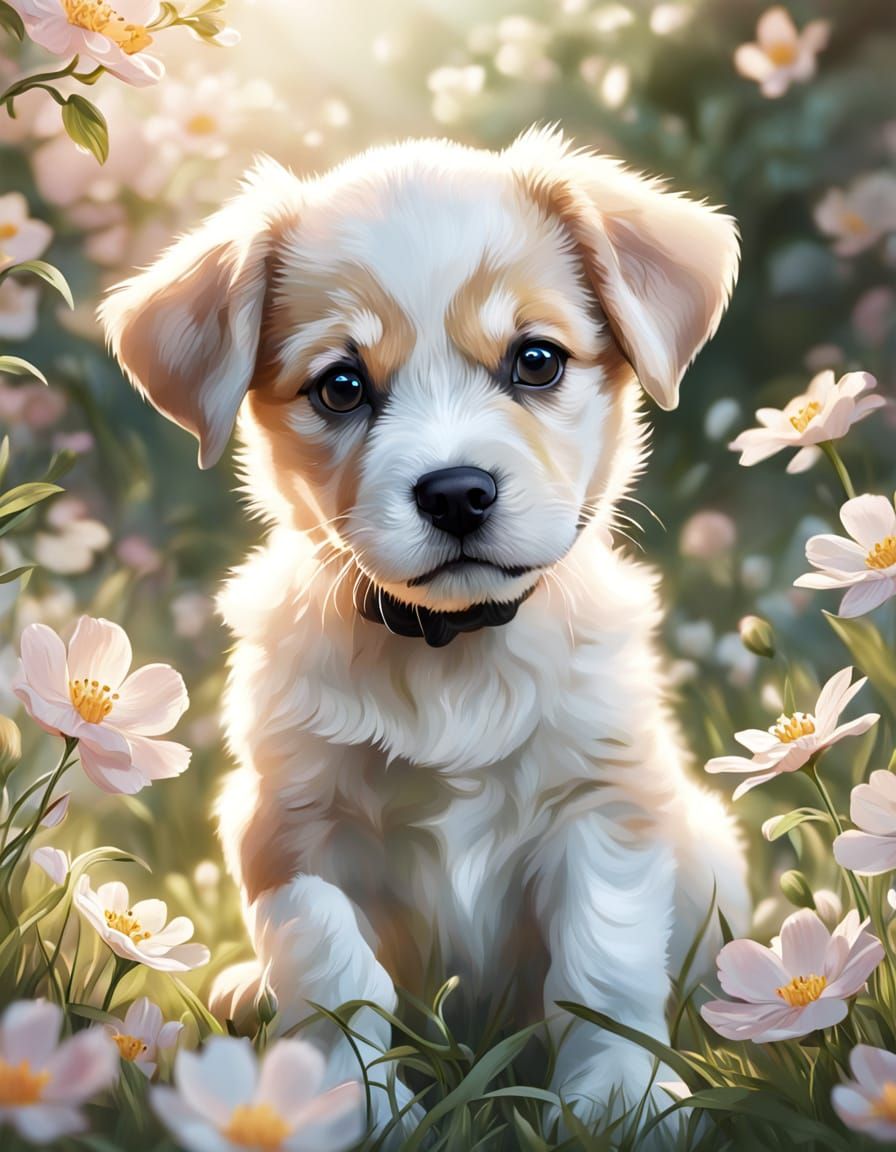 Cur Puppy's Floral Spring: Soft Digital Art