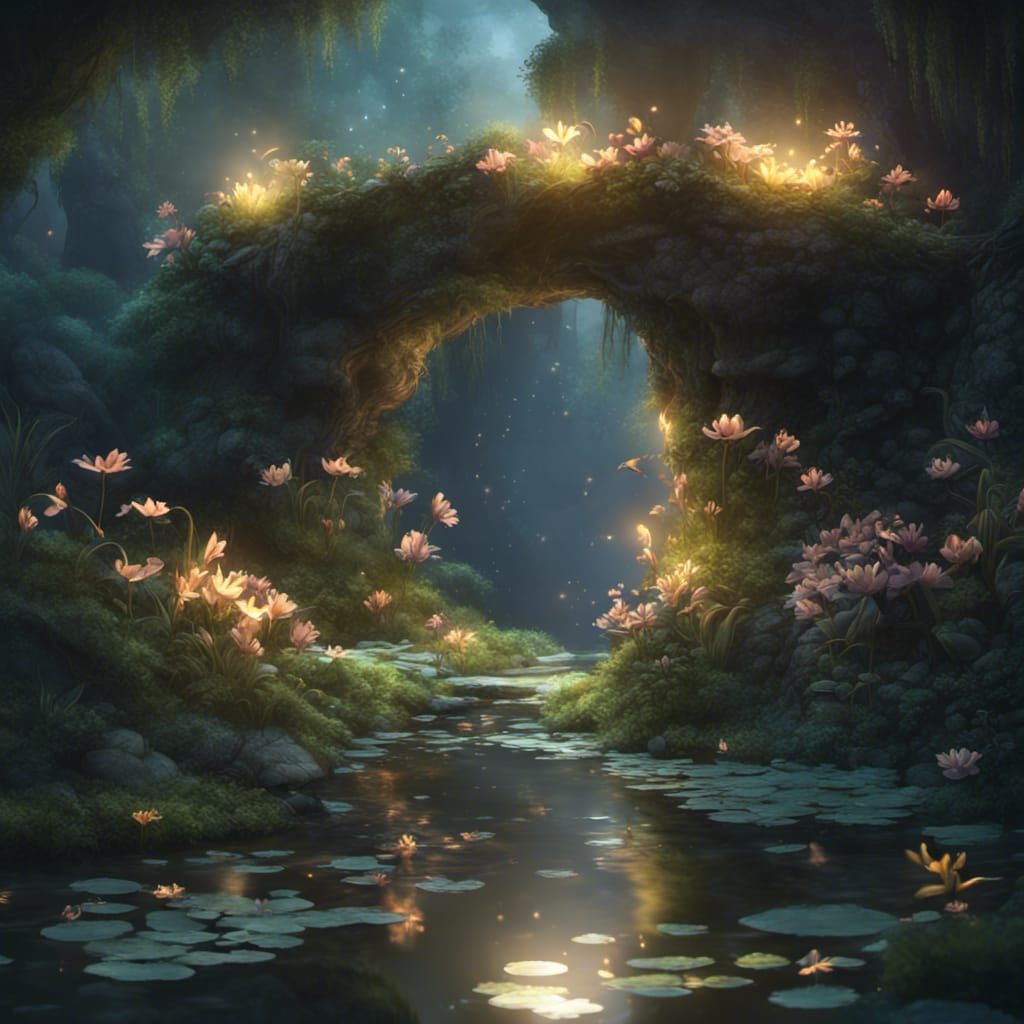 Fairy Bridge with Fireflies and Luminescent Flowers