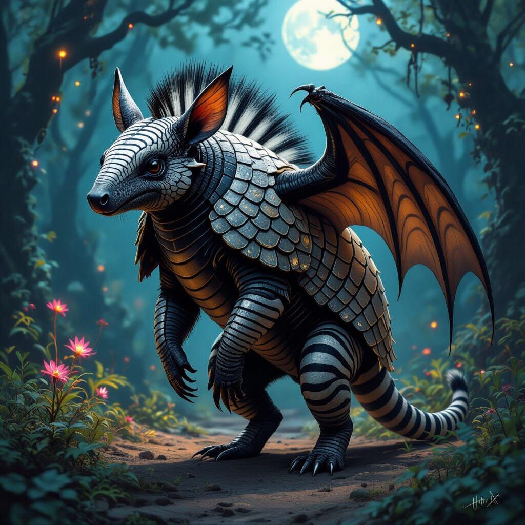 Armadillo Bat Zebra Hybrid in Moonlit Forest