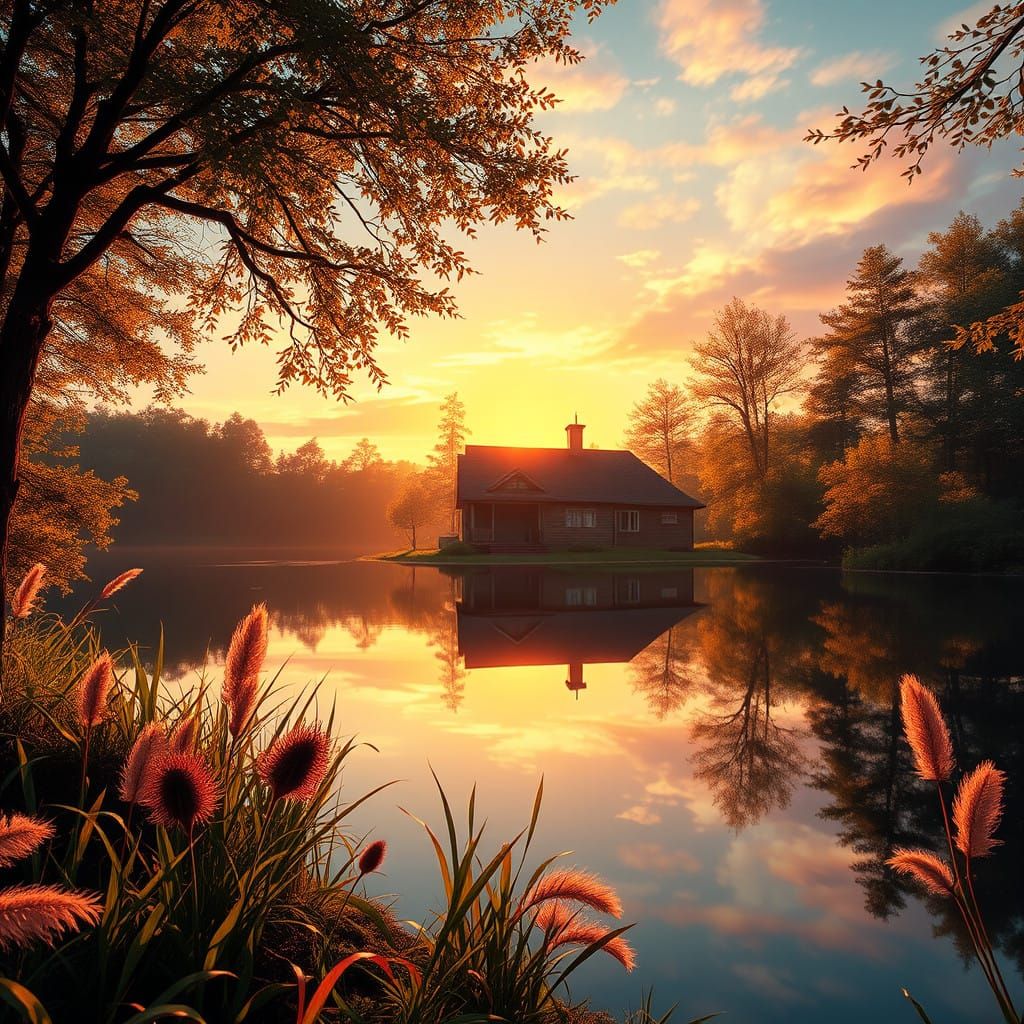 Golden Hour Lake House Serenity in Concept Art Style