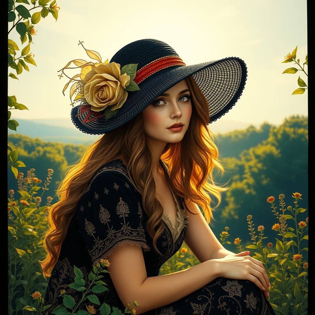 Elegant Woman in Landscape, Whimsical Illustration