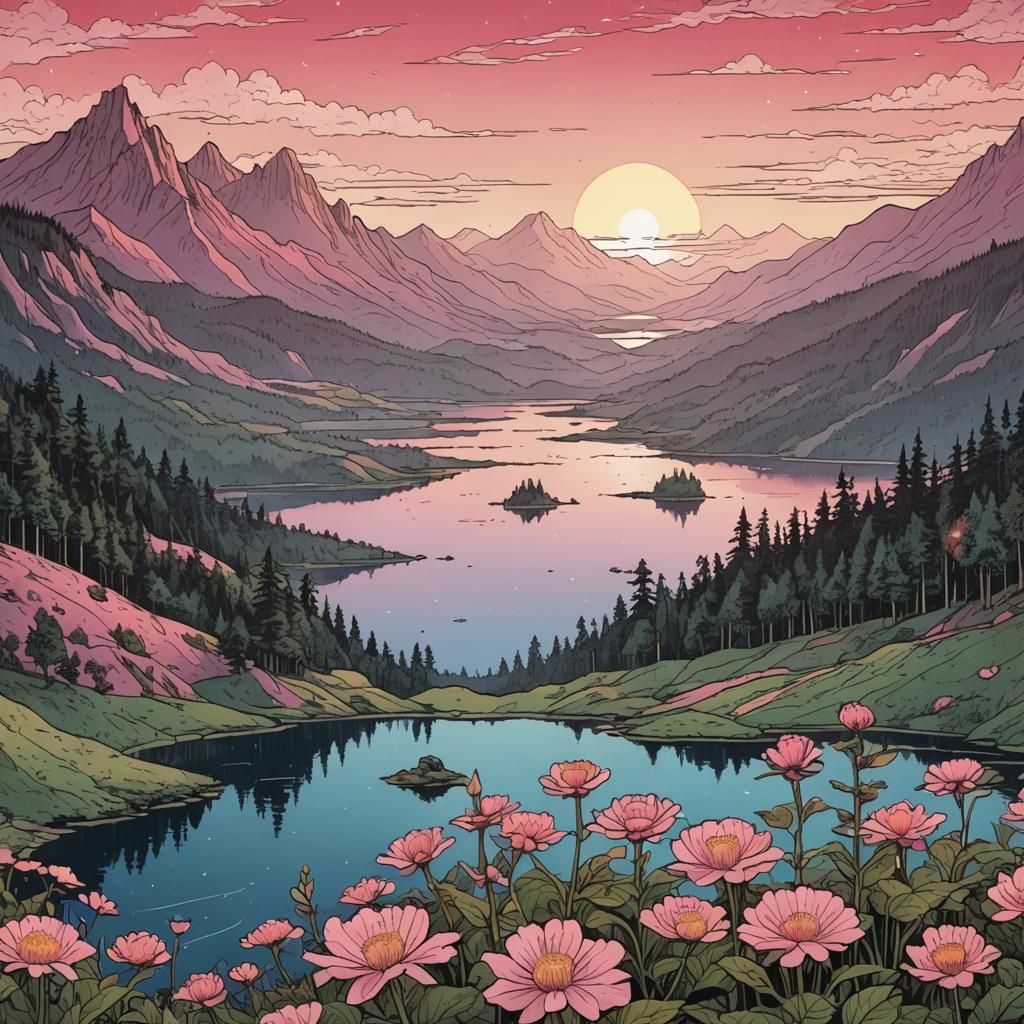 Pink Flower Hills at Dawn, Hand-Drawn Illustration