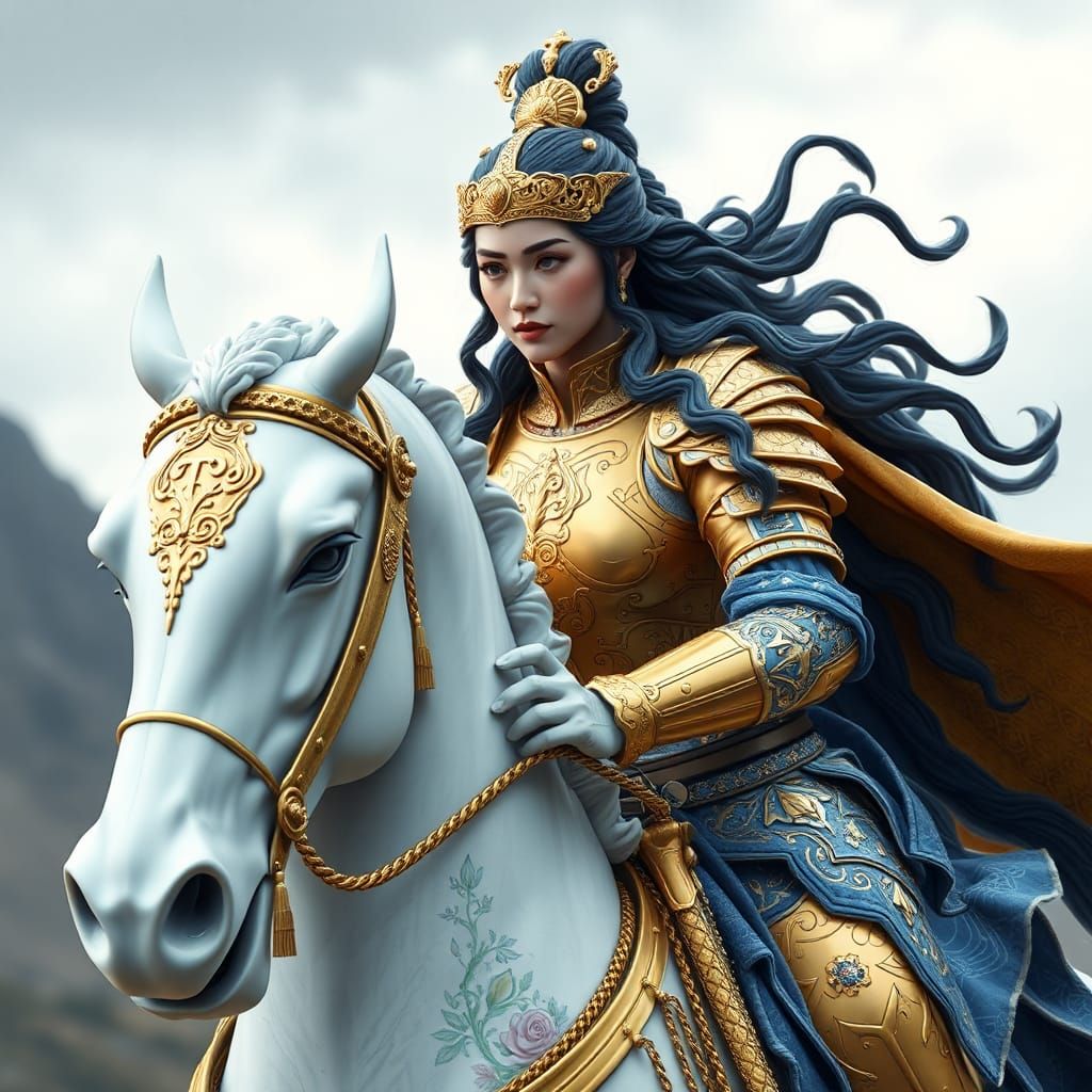 Woman in Golden Armor on Porcelain Horse