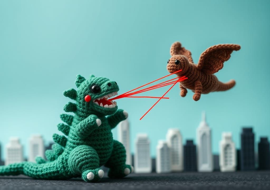 Chibi Crochet Godzilla Attacks Crochet Mothra
