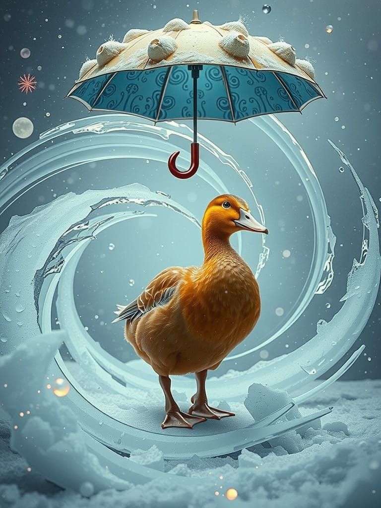Surreal Duck Amidst Icy Dreamscapes