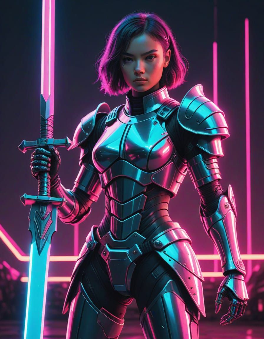 Cyberpunk Lady Knight Wields Sword in Synthwave Neon Future
