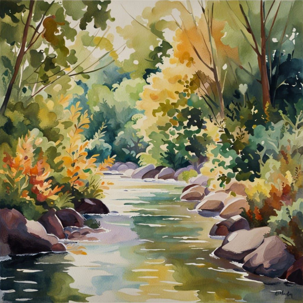 Vibrant Watercolor Riverbank in Gouache Impressionist Style