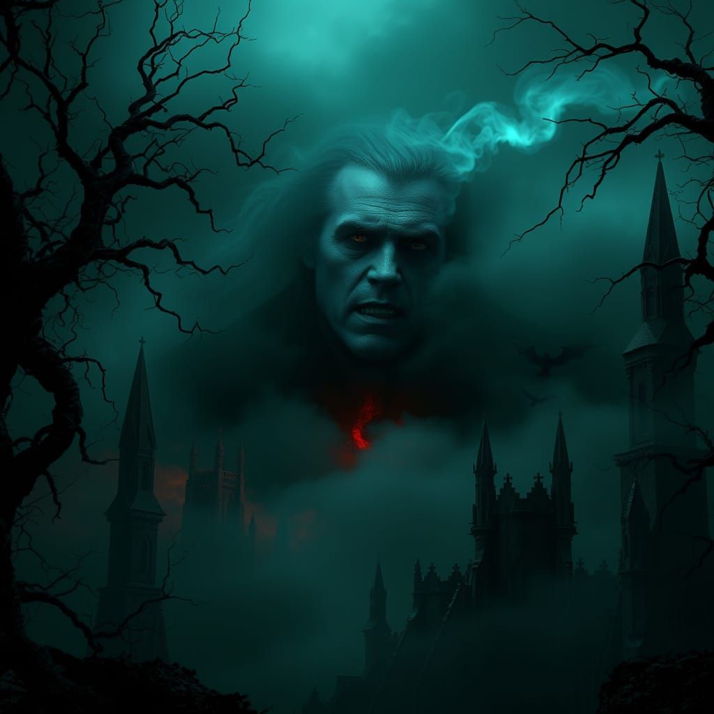 Dark Gothic Portrait of Dracula in Haunting, Shadowy Landsca...
