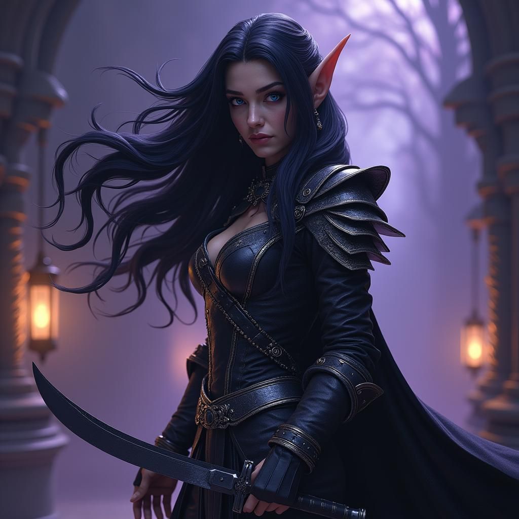 Half-Elf Rogue in Eerie Fantasy Art Nouveau Style