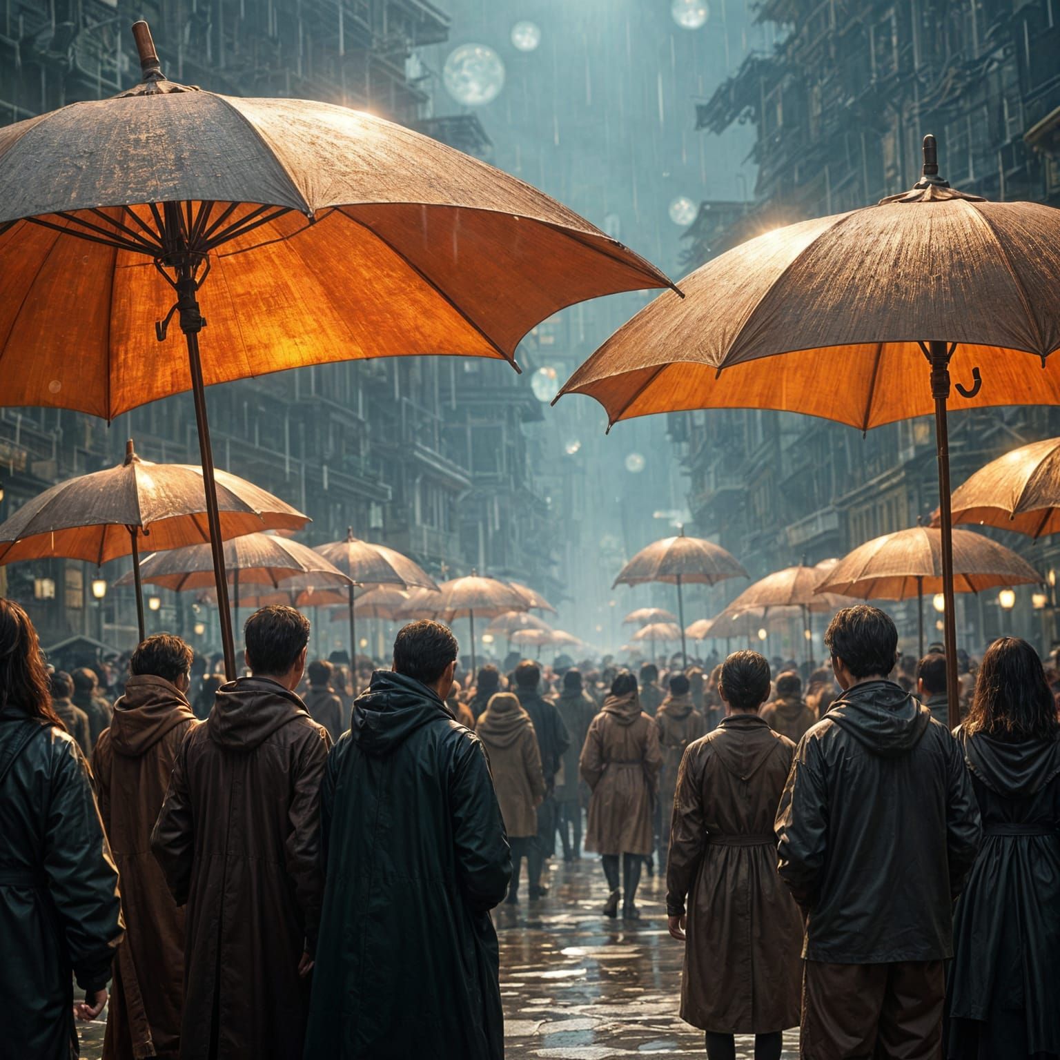 Dystopian Village Sheltered by Bronze Umbrellas