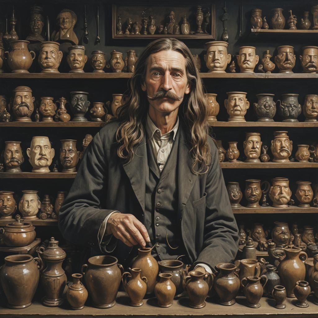 Man in Dark Shop with Statuettes Photorealistic