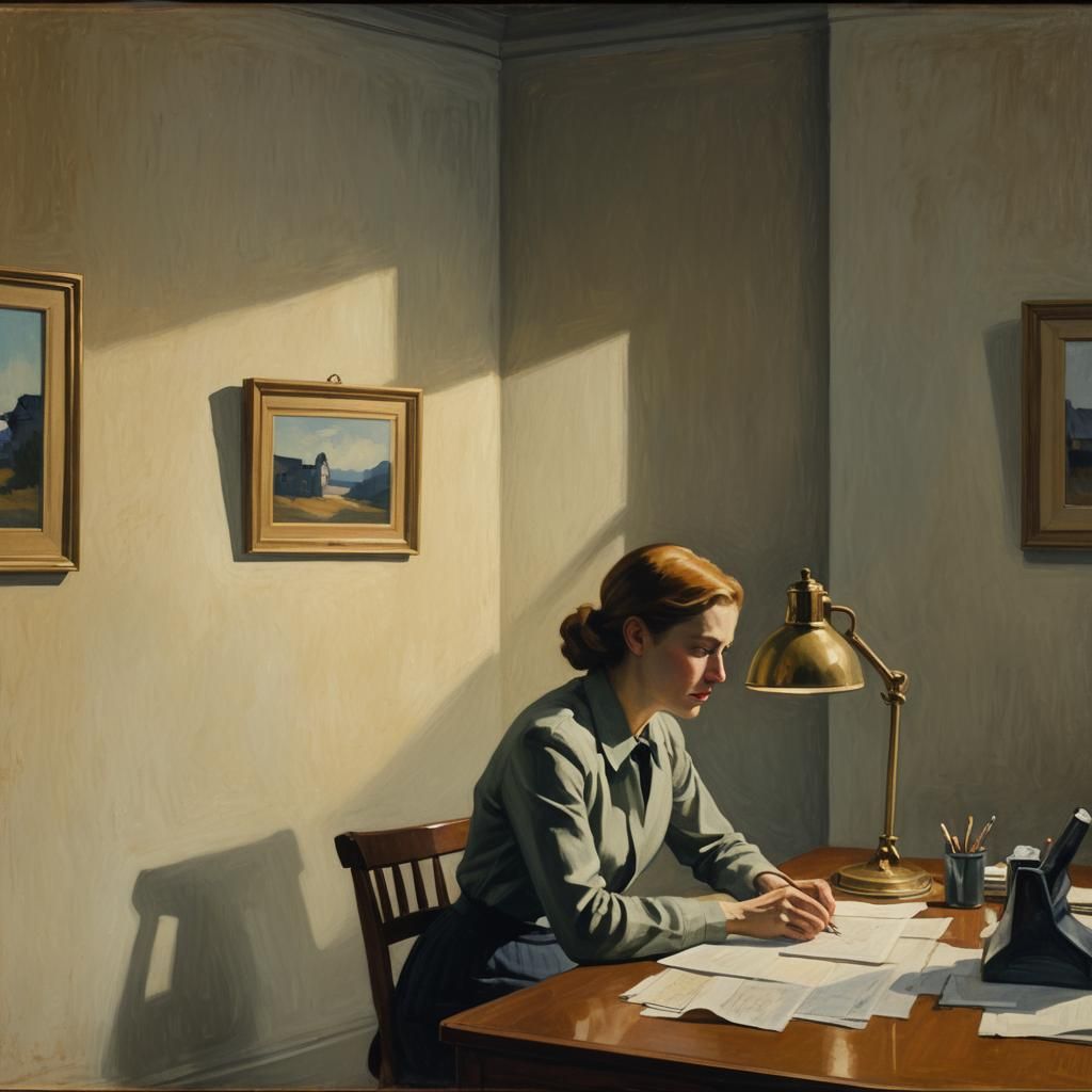 Dimly Lit Office Scene in Impressionist Style