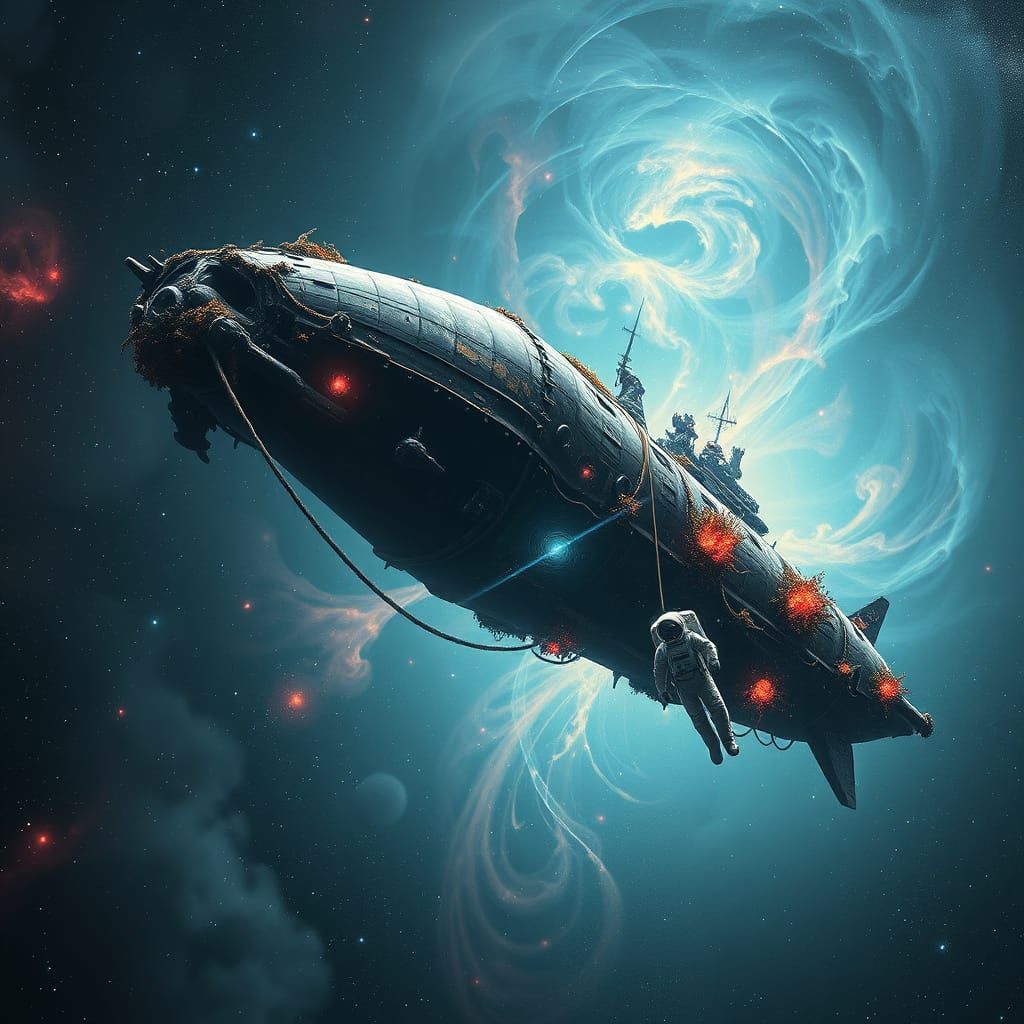 Astronaut Drifts Near Cosmic Sea Creature Spaceship