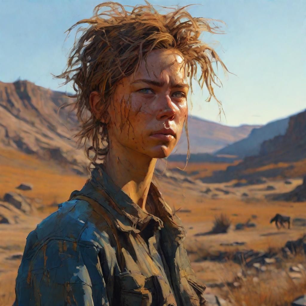 Resilient Woman in Ravaged Landscape: Splash Art