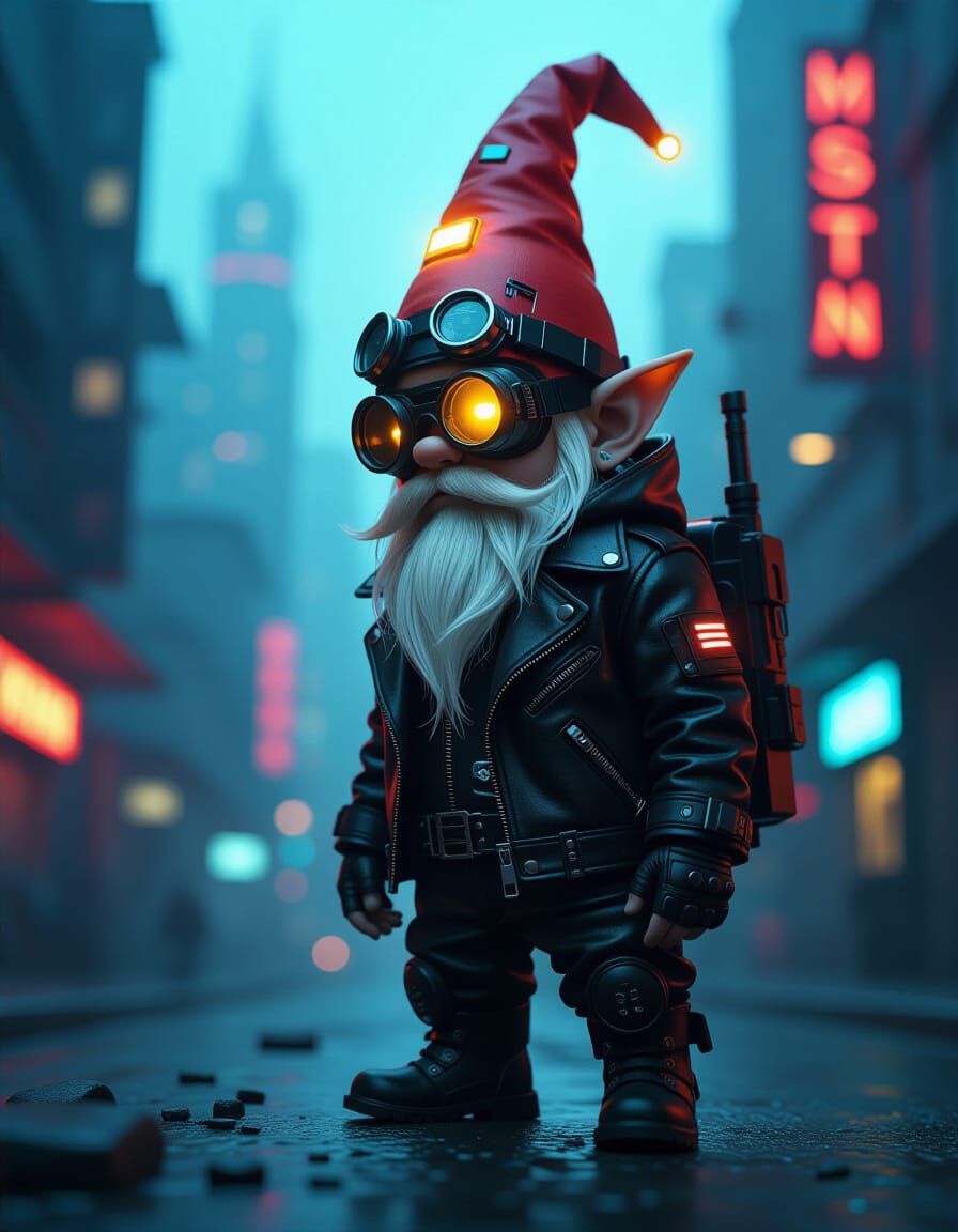 Cyberpunk Gnome Guards Miniature City in Cinematic Style