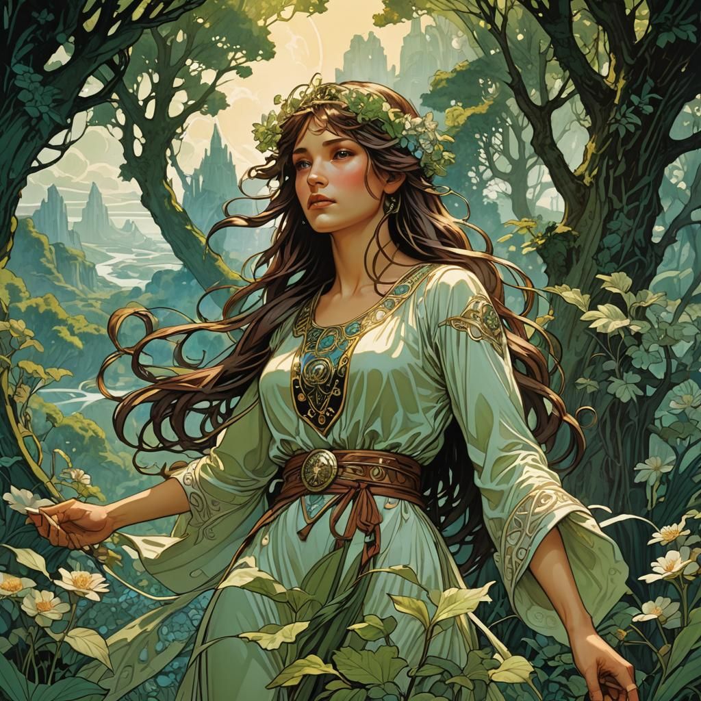 Serene Figures in Lush Landscape, Art Nouveau Style