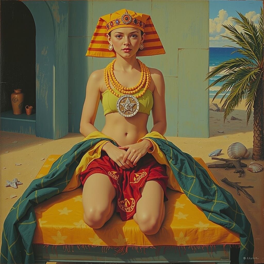 Vibrant Beach Landscape with Intellectual Sphinxstone