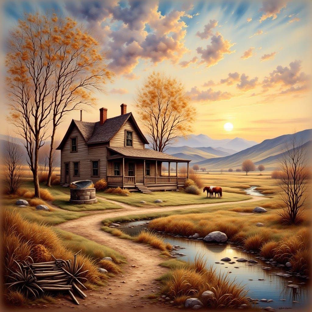 Prairie Pioneer House at Sunset in Watercolor Style