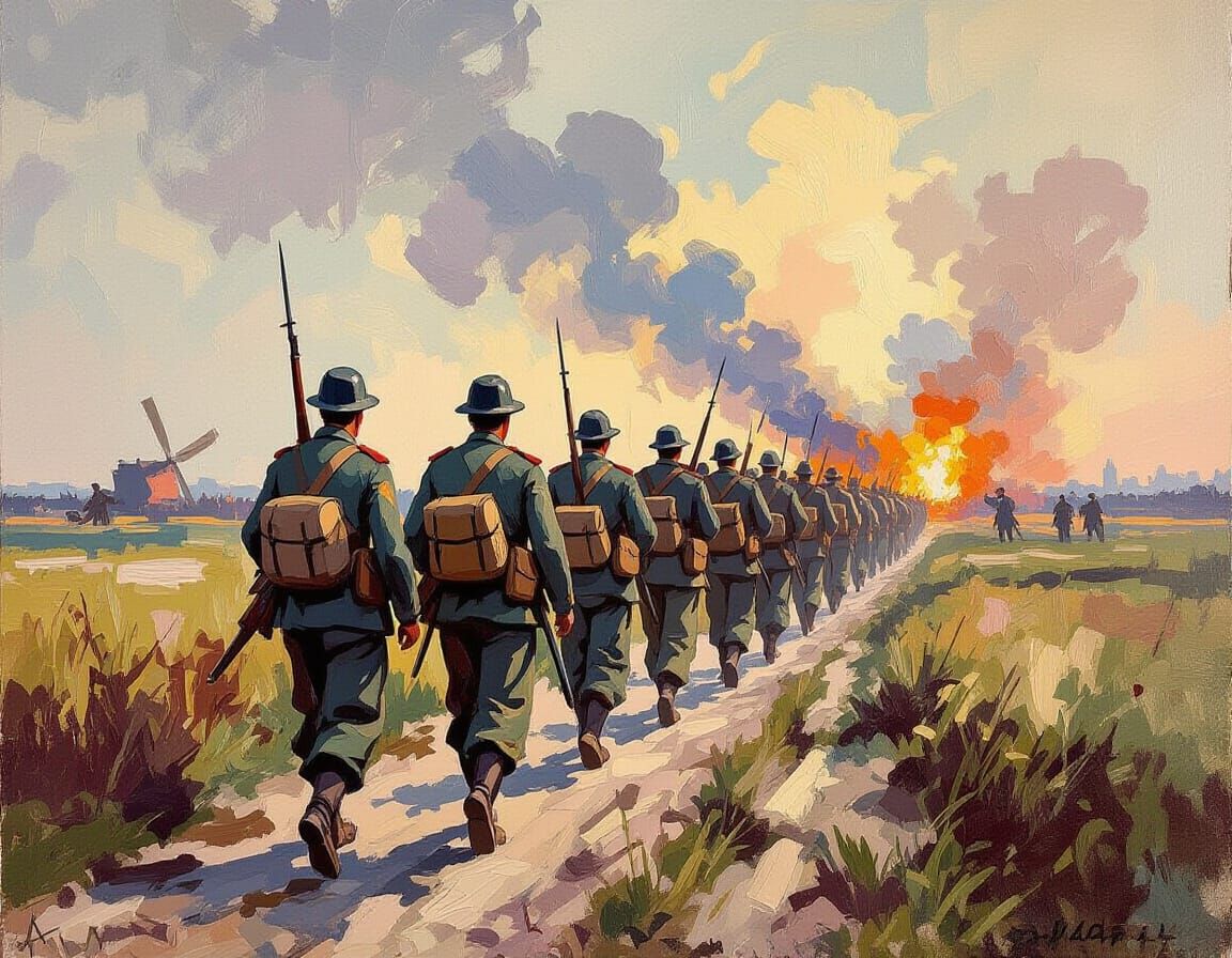 French Troops Retreat: Gouache Impressionist Masterpiece