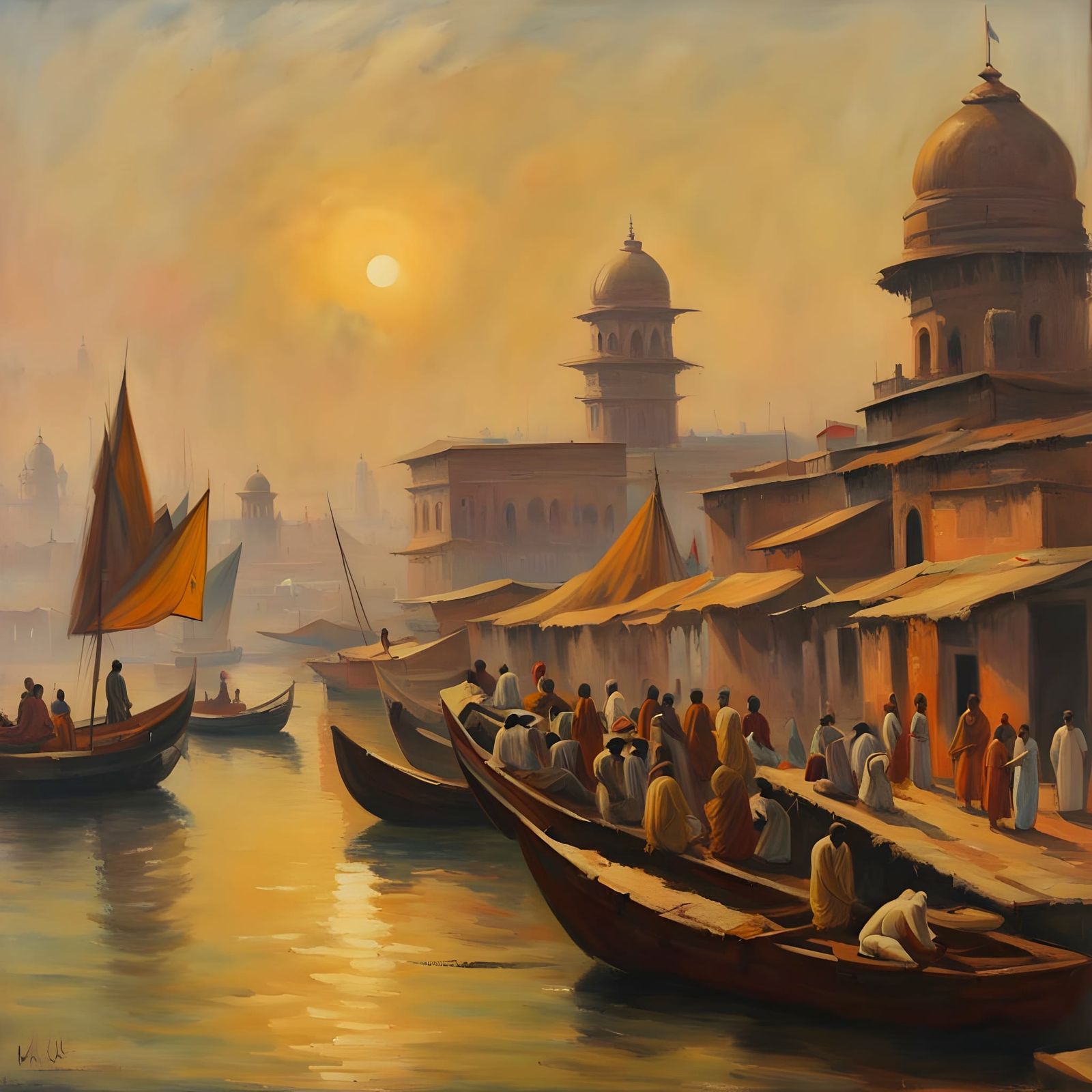 Calcutta Harbour Scene in Impressionist Style