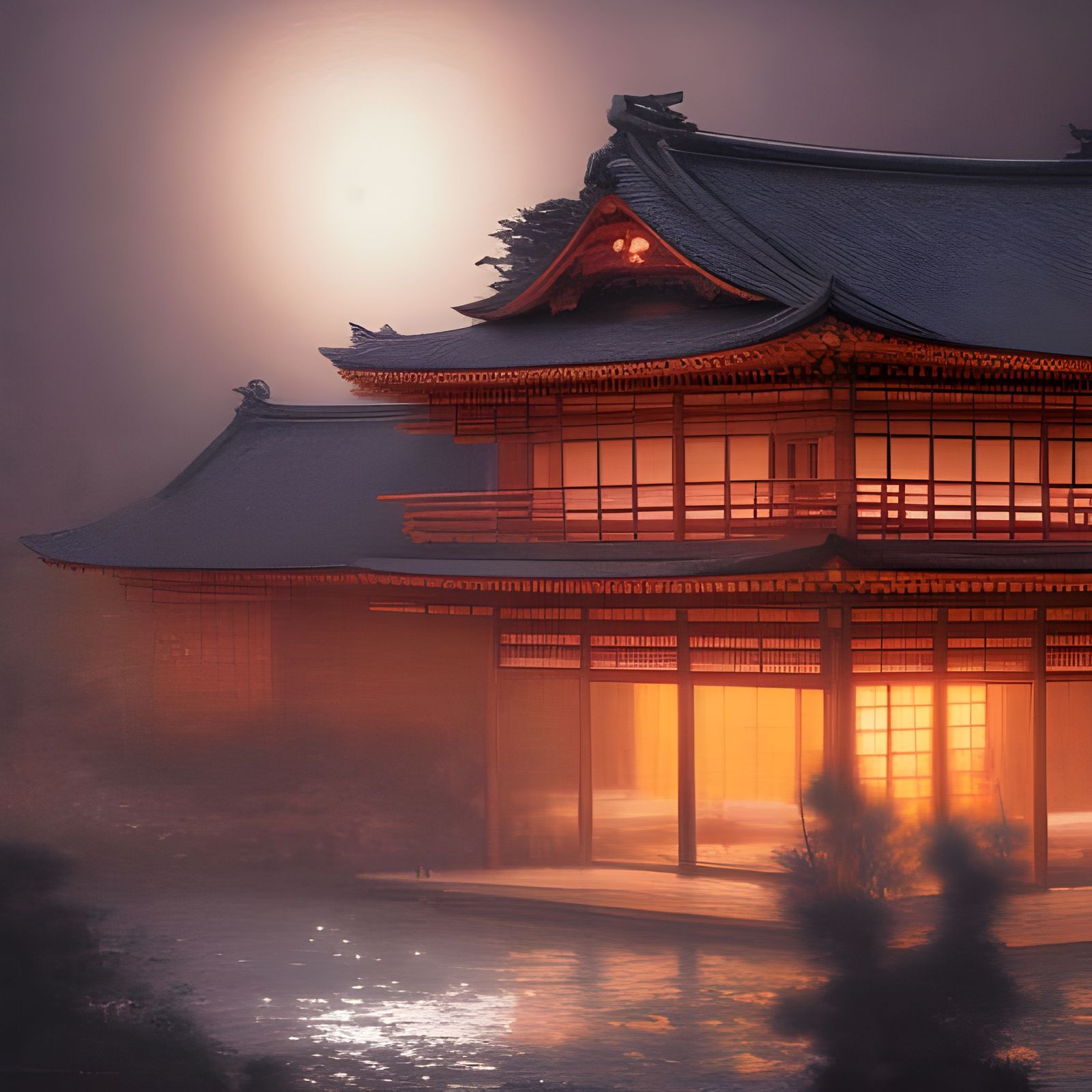 Medieval Japanese House at Night Digital Painting