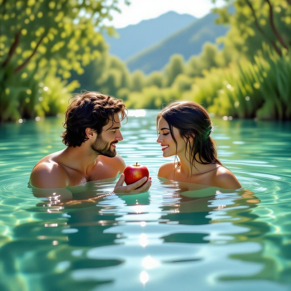 Adam and Eve in Paradise Pond with Red Apple