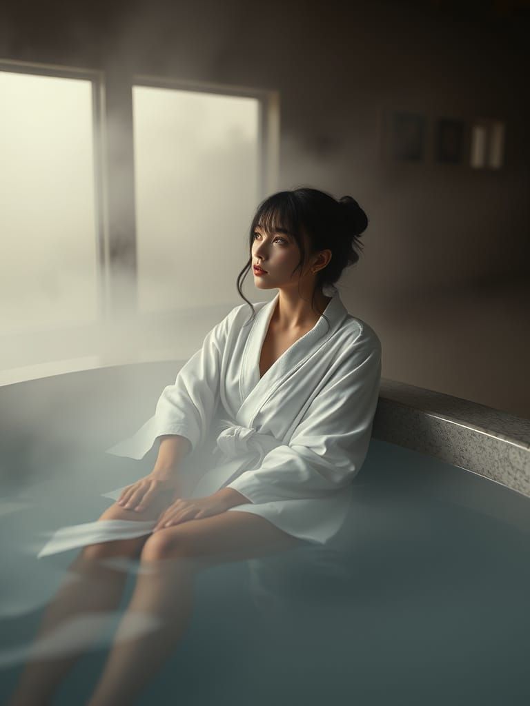 Dreamlike Anime Girl in Sepia Hot Tub