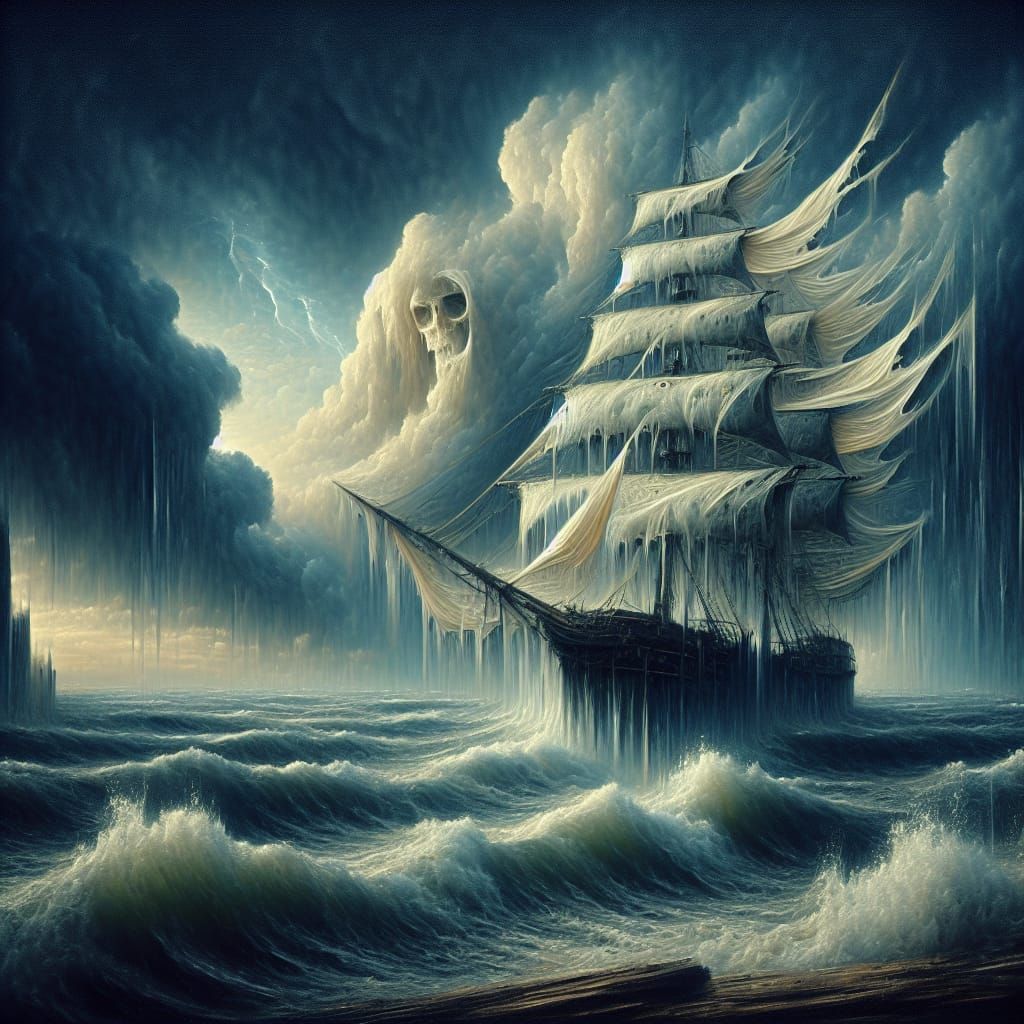 Ethereal Ghost Ship in Turbulent Seas, in the Style of Early...