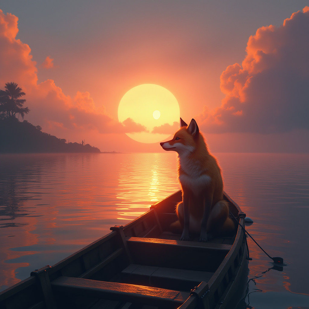 Fox Fishing at Sunset: Detailed Matte Painting